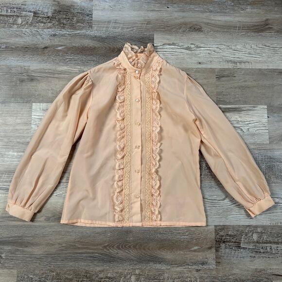 Vintage Lady Holiday Blush Lace Ruffle Blouse Pearl Button Victorian Top - Picture 1 of 6